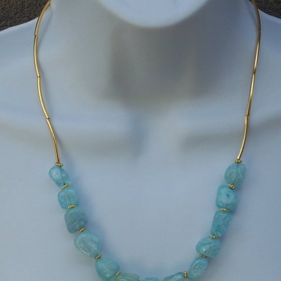 Handmade Necklace With Blue Quartz Free From Stones and Gold Plated Brass Tubes - Picture 11 of 16